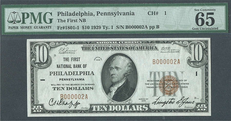 Philadelphia, PA, Charter #1, Fr.1801-1 $10, B000002A, PMG65-PPQ